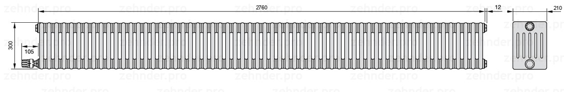 Схема (чертеж) Радиатор Zehnder Charleston 6030/60 №V003 Белый глянцевый RAL 9016